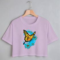 Blusa Blusinha Camiseta Cropped TShirt Feminina Algodão Tecido Premium Estampa Digital Borboleta Linda