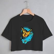 Blusa Blusinha Camiseta Cropped TShirt Feminina Algodão Tecido Premium Estampa Digital Borboleta Linda