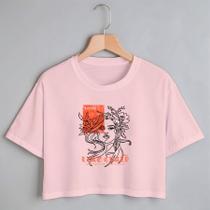 Blusa Blusinha Camiseta Cropped TShirt Feminina Algodão Tecido Premium Estampa Digital Cabelo com Flor