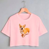 Blusa Blusinha Camiseta Cropped TShirt Feminina Algodão Tecido Premium Estampa Digital Cachorro Welsh Corgi Pembroke
