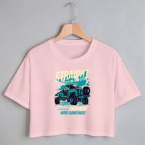 Blusa Blusinha Camiseta Cropped TShirt Feminina Algodão Tecido Premium Estampa Digital Carro Alto Azul