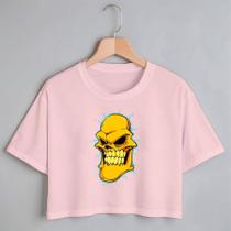 Blusa Blusinha Camiseta Cropped TShirt Feminina Algodão Tecido Premium Estampa Digital Caveira Amarela Raio