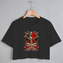 Blusa Blusinha Camiseta Cropped TShirt Feminina Algodão Tecido Premium Estampa Digital Caveira Asa Flor Vermelha