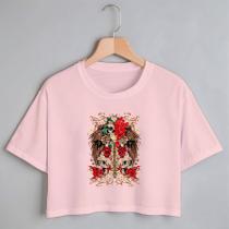 Blusa Blusinha Camiseta Cropped TShirt Feminina Algodão Tecido Premium Estampa Digital Caveira Asa Flor Vermelha Blusa Blusinha Camiseta Cropped TShirt Feminina Algodão Tecido Premium Estampa Digital Caveira Asa Flor Vermelha