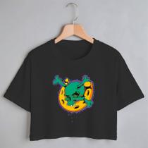 Blusa Blusinha Camiseta Cropped TShirt Feminina Algodão Tecido Premium Estampa Digital Caveira e Ferradura