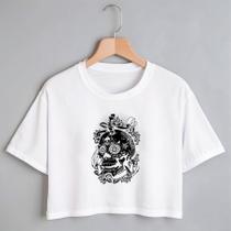 Blusa Blusinha Camiseta Cropped TShirt Feminina Algodão Tecido Premium Estampa Digital Caveira Mexicana com Flores - El exquema