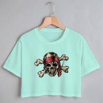 Blusa Blusinha Camiseta Cropped TShirt Feminina Algodão Tecido Premium Estampa Digital Caveira Pirata X