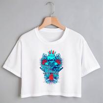 Blusa Blusinha Camiseta Cropped TShirt Feminina Algodão Tecido Premium Estampa Digital Caveira Rei Azul