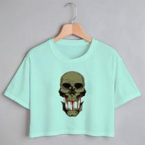 Blusa Blusinha Camiseta Cropped TShirt Feminina Algodão Tecido Premium Estampa Digital Caveira Sem Boca