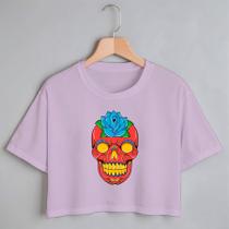 Blusa Blusinha Camiseta Cropped TShirt Feminina Algodão Tecido Premium Estampa Digital Caveira Skull Colorida