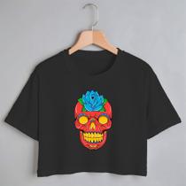 Blusa Blusinha Camiseta Cropped TShirt Feminina Algodão Tecido Premium Estampa Digital Caveira Skull Colorida