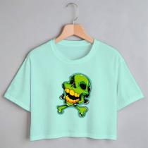 Blusa Blusinha Camiseta Cropped TShirt Feminina Algodão Tecido Premium Estampa Digital Caveira Verde Green