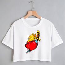 Blusa Blusinha Camiseta Cropped TShirt Feminina Algodão Tecido Premium Estampa Digital Coração e Adagaa