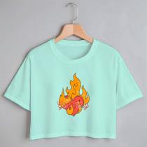 Blusa Blusinha Camiseta Cropped TShirt Feminina Algodão Tecido Premium Estampa Digital Coração e Fogo