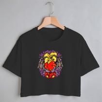 Blusa Blusinha Camiseta Cropped TShirt Feminina Algodão Tecido Premium Estampa Digital Coração Morcego