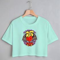 Blusa Blusinha Camiseta Cropped TShirt Feminina Algodão Tecido Premium Estampa Digital Coração Morcego