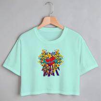 Blusa Blusinha Camiseta Cropped TShirt Feminina Algodão Tecido Premium Estampa Digital Coração Vermelho com Flores Amare