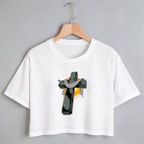 Blusa Blusinha Camiseta Cropped TShirt Feminina Algodão Tecido Premium Estampa Digital Cruz Jesus Cristo