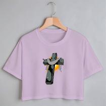 Blusa Blusinha Camiseta Cropped TShirt Feminina Algodão Tecido Premium Estampa Digital Cruz Jesus Cristo