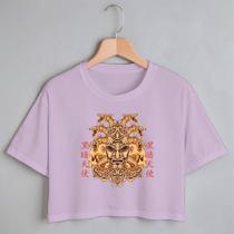 Blusa Blusinha Camiseta Cropped TShirt Feminina Algodão Tecido Premium Estampa Digital Dragão 6 Cabeça