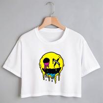 Blusa Blusinha Camiseta Cropped TShirt Feminina Algodão Tecido Premium Estampa Digital Emoji Amarelo