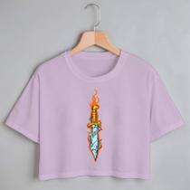 Blusa Blusinha Camiseta Cropped TShirt Feminina Algodão Tecido Premium Estampa Digital Faca Adaga Fogo