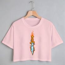 Blusa Blusinha Camiseta Cropped TShirt Feminina Algodão Tecido Premium Estampa Digital Faca Adaga Fogo