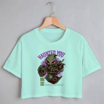 Blusa Blusinha Camiseta Cropped TShirt Feminina Algodão Tecido Premium Estampa Digital Fantasma Caveira Blusa Blusinha Camiseta Cropped TShirt Feminina Algodão Tecido Premium Estampa Digital Fantasma Caveira