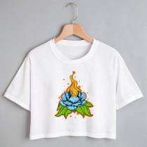 Blusa Blusinha Camiseta Cropped TShirt Feminina Algodão Tecido Premium Estampa Digital Flor de Lotus Azul