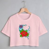 Blusa Blusinha Camiseta Cropped TShirt Feminina Algodão Tecido Premium Estampa Digital Flor de Lotus Vermelha