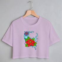 Blusa Blusinha Camiseta Cropped TShirt Feminina Algodão Tecido Premium Estampa Digital Flor de Lotus Vermelha