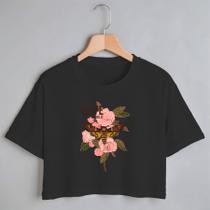 Blusa Blusinha Camiseta Cropped TShirt Feminina Algodão Tecido Premium Estampa Digital Flor Rosa com Borboleta