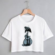 Blusa Blusinha Camiseta Cropped TShirt Feminina Algodão Tecido Premium Estampa Digital Guitarra Les Paul Corvo Vikings