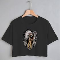Blusa Blusinha Camiseta Cropped TShirt Feminina Algodão Tecido Premium Estampa Digital Indio Chefe Caveira