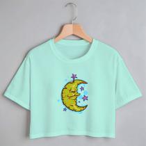 Blusa Blusinha Camiseta Cropped TShirt Feminina Algodão Tecido Premium Estampa Digital Meia Lua e Estrela
