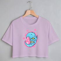 Blusa Blusinha Camiseta Cropped TShirt Feminina Algodão Tecido Premium Estampa Digital Meia Lua Rosa e Branco