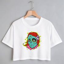 Blusa Blusinha Camiseta Cropped TShirt Feminina Algodão Tecido Premium Estampa Digital Mulher Catrina Pintada