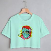 Blusa Blusinha Camiseta Cropped TShirt Feminina Algodão Tecido Premium Estampa Digital Mulher Catrina Pintada