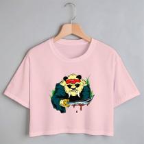 Blusa Blusinha Camiseta Cropped TShirt Feminina Algodão Tecido Premium Estampa Digital Panda Samurai