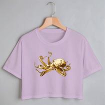 Blusa Blusinha Camiseta Cropped TShirt Feminina Algodão Tecido Premium Estampa Digital Polvo Gold