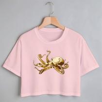 Blusa Blusinha Camiseta Cropped TShirt Feminina Algodão Tecido Premium Estampa Digital Polvo Gold