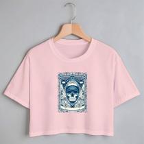 Blusa Blusinha Camiseta Cropped TShirt Feminina Algodão Tecido Premium Estampa Digital Quadro Caveira Pena