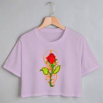 Blusa Blusinha Camiseta Cropped TShirt Feminina Algodão Tecido Premium Estampa Digital Rosa e Espinho