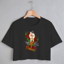 Blusa Blusinha Camiseta Cropped TShirt Feminina Algodão Tecido Premium Estampa Digital Rosário nas Mãos