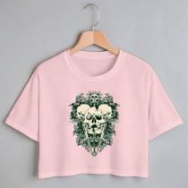 Blusa Blusinha Camiseta Cropped TShirt Feminina Algodão Tecido Premium Estampa Digital Três Caveiras