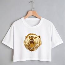 Blusa Blusinha Camiseta Cropped TShirt Feminina Algodão Tecido Premium Estampa Digital Urso Gold
