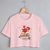 Blusa Blusinha Camiseta Cropped TShirt Feminina Algodão Tecido Premium Estampa Flores Rosas Vermelhas Blusa Blusinha Camiseta Cropped TShirt Feminina Algodão Tecido Premium Estampa Flores Rosas Vermelhas