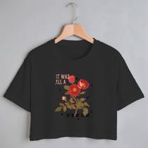 Blusa Blusinha Camiseta Cropped TShirt Feminina Algodão Tecido Premium Estampa Flores Rosas Vermelhas