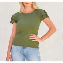 Blusa blusinha canelada gola rasa manga babado casual feminina