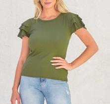 Blusa blusinha canelada gola rasa manga babado casual feminina